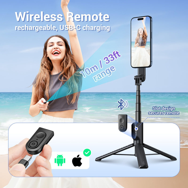 40.9" Magnetic Selfie Stick Tripod for Phone,Extendable Phone Tripod Stand with Detachable Wireless Remote & Magnet Clip Compatible with MagSafe for iPhone 17 16 15 14 13 Pro Max Plus Gopro&All Phones BLACK