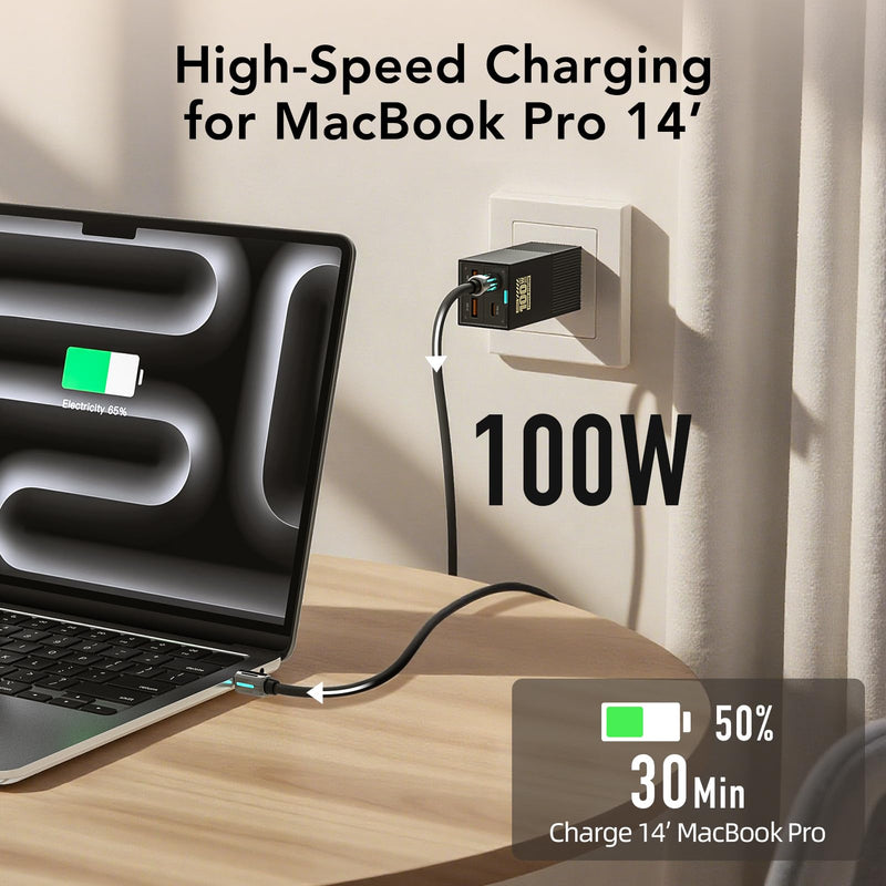 MFish 100W USB C Charger, Foldable Fast Laptop GaN Charger, 4-Port USB C Wall Charger Power Adapter Ports for MacBook Pro 16'', Dell XPS, iPhone 16/15 Pro Max, 6-in-1 Power Strip 100W-Black