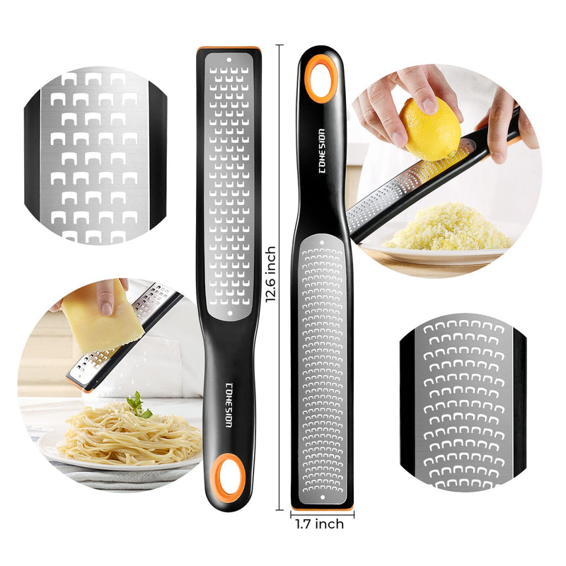 Cohesion Etched Zester & Grater Set of 2 - Kitchen Zester Tool for Lemon, Cheese, Garlic, Ginger, Nutmeg, Chocolate, Fruits, Vegetables - Sharp Premium Stainless Steel Blade with Protective Cover Fine and Coarse Set