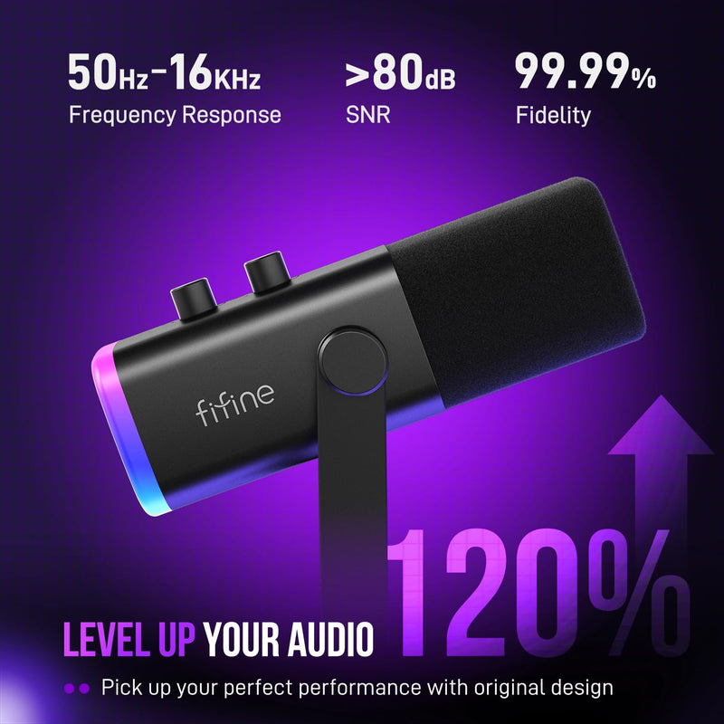 FIFINE USB/XLR Dynamic Microphone for Podcast Recording, PC Computer Gaming Streaming Mic with RGB Light, Mute Button, Headphones Jack, Desktop Stand, Vocal Mic for Singing YouTube-AmpliGame AM8 Black