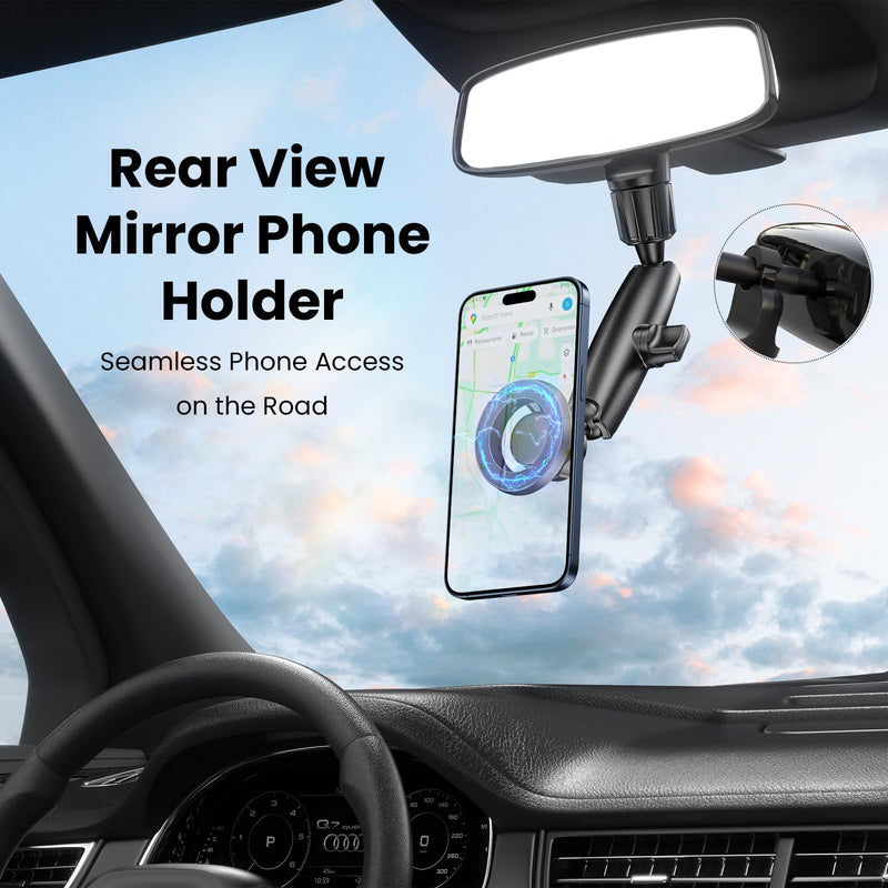Magnetic Phone Holder for Car, Rear View Mirror Phone Holder, 360° Rotating Car Phone Holder Mount, Compatible with iPhone 15/14/13/12 Series and All Phones with Magsafe Case or Metal Ring magnetic