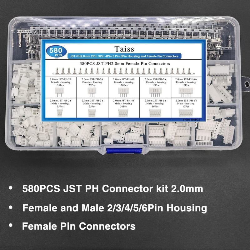 Taiss 580PCS JST PH Connector kit 2.0mm 2/3/4/5/6Pin Housing,Female and Male Adapter Cable Connector Plug,PH2.0mm Female Pin Connectors,JST Connector F-066-580PCS