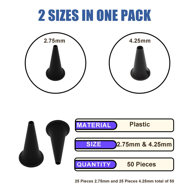 Disposable Otoscope Covers, 50-Pack Universal Ear Specula Tips with 2.75mm & 4.25mm Sizes (25 Each) for Adults & Children, Fit All Major Otoscope Brands