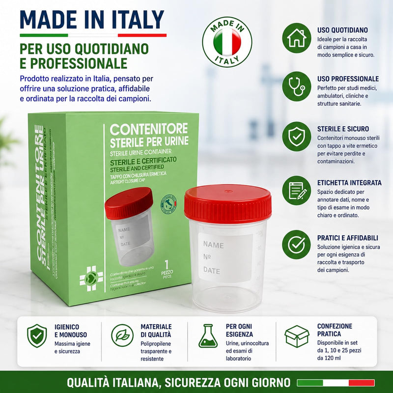 4 Sterile Urine Containers 120 ml with Screw Cap and Label - Urine Cups for Urine Culture Analysis, Hygienic Disposable | 100% Made in Italy