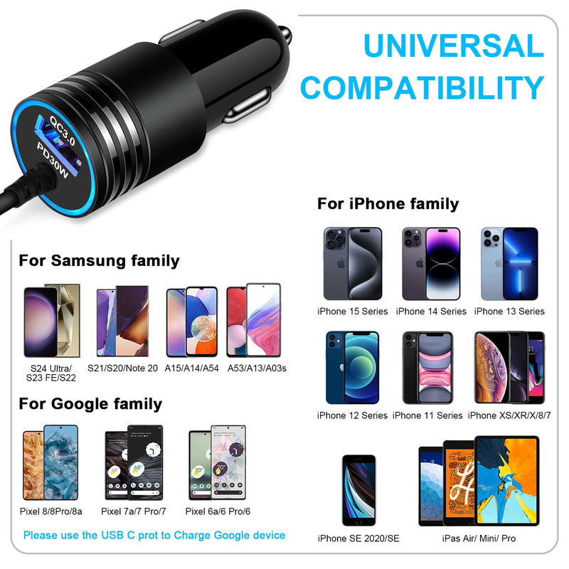 Samsung Car Charger 48W Super Fast USB C Android Car Phone Charger Adapter Cigarette Lighter Charger with Type C Cable Fast Charging for Samsung Galaxy S24 Ultra S23 FE S22 S21 A55 A15 5G A14 A54 A53