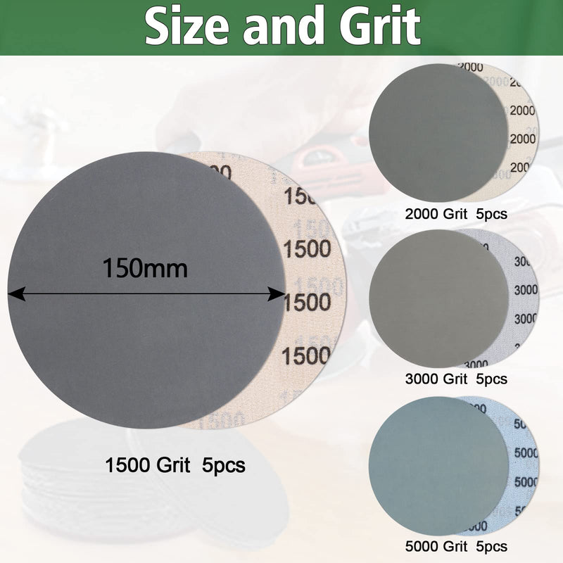 JatilEr Pack of 20 sanding discs 150 mm Velcro, grit 1500/2000/3000/5000 sandpaper Velcro round wet dry water sanding pads eccentric sander sanding paper set for metal wood