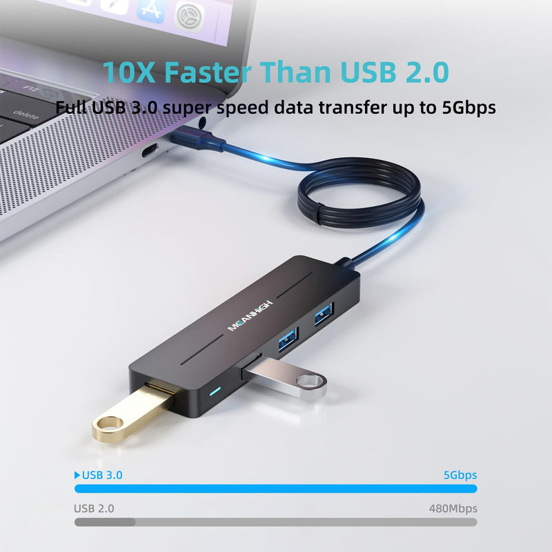 USB Hub, 3.0 4-Port Ultra-Slim Data USB Expander with 4 FT Extended Cable Compatible with MacBook, Mac Pro, Mac mini, iMac, Surface Pro, XPS, PC, Flash Drive, Mobile HDD (Black) Black