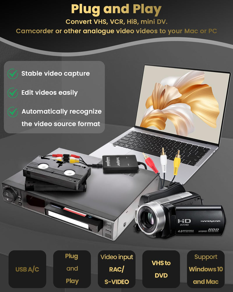 VHS to Digital Converter & RCA to HDMI Adapter USB Video Capture Card for VCR/DVD/AV/PS2/Wii,av to hdmi Converter Analog to Digital & HD Display Output, wii hdmi Adapter,Save/Convert OldVideo VHS CAP/Converter