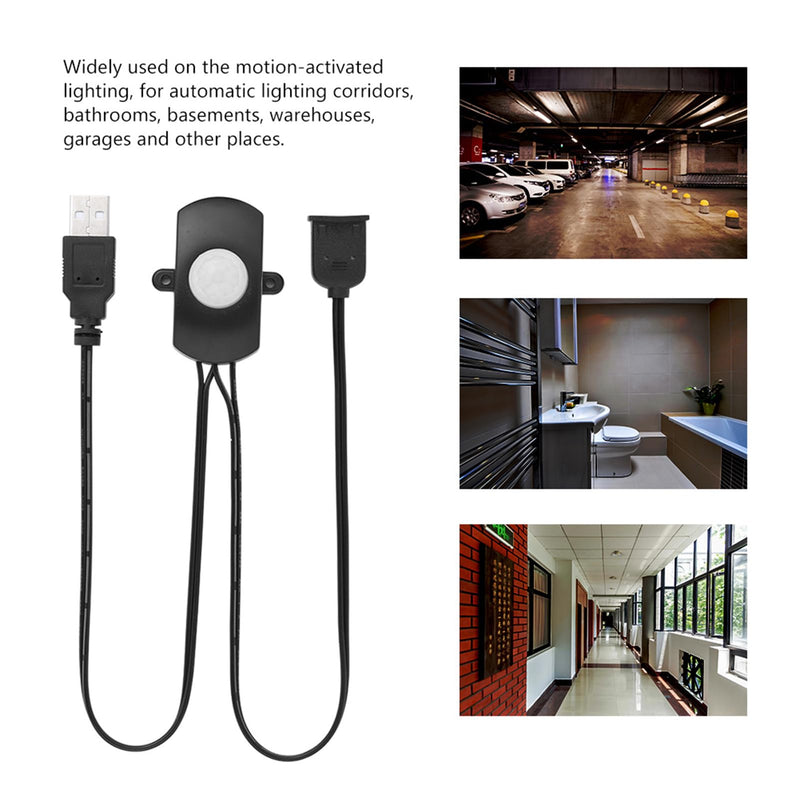 PIR USB Switch 2A DC 5-24V IR Motion Sensor Switch Detector Automatic Switch for LED Strip Corridors Bathroom Garages (Black) Black