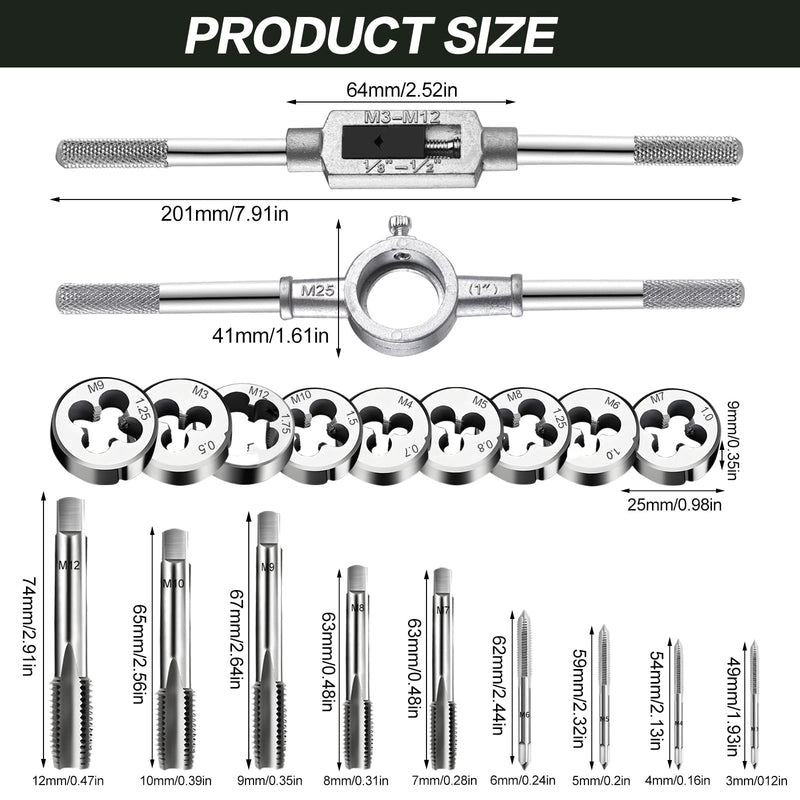 Tap and Die Set M3 - M12 Fine Thread Cutter Tap and Die Set 20 Pieces Thread Cutting Machine Inch Professional Tap Wrench Metric with Drill Thread Cutting Set Fine Thread