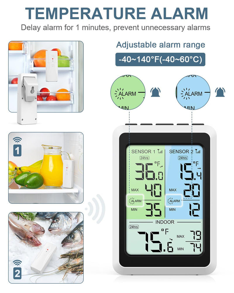 Upgraded Refrigerator Thermometer with Freezer Alarm, Digital Wireless Fridge Thermometer with 2 Sensors, 4.5" LCD Display, ℃/℉, Backlight Min/Max Record for Kitchen Home Restaurant