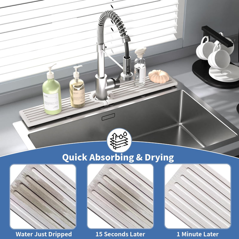 Kitchen Faucet Mat, Diatomite Sink Faucet Mat Splash Guard for Kitchen, Water Absorbing Stone Tray for Sink, Quick Drying Faucet Mat for Kitchen Sink, Absorbent Stone Drying Tray for Bathroom Counter 23.7" x 4" White Gray Style 1