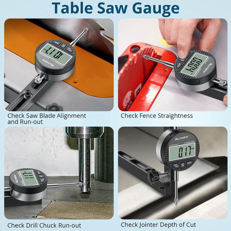 Table Saw Alignment Tool with Digital Dial Indicator,0.0005" Precision Calibration Gauge for Blade,Fence & Arbor Runout,Fast Setup CNC Aluminum Design,Fits Standard 3/4" (19mm) Miter Slots Black 0-1 Inch