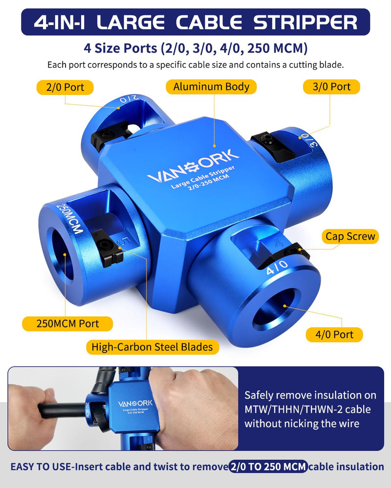 10380 Large Cable Stripper (2/0-250 MCM), 4-in-1 Clover Design Heavy-duty Cable Stripping and Cutting tool, Large Gauge Wire Stripper for Thick Cables Big Round Wire Insulation Jacket Removal Blue 2/0 - 250 MCM