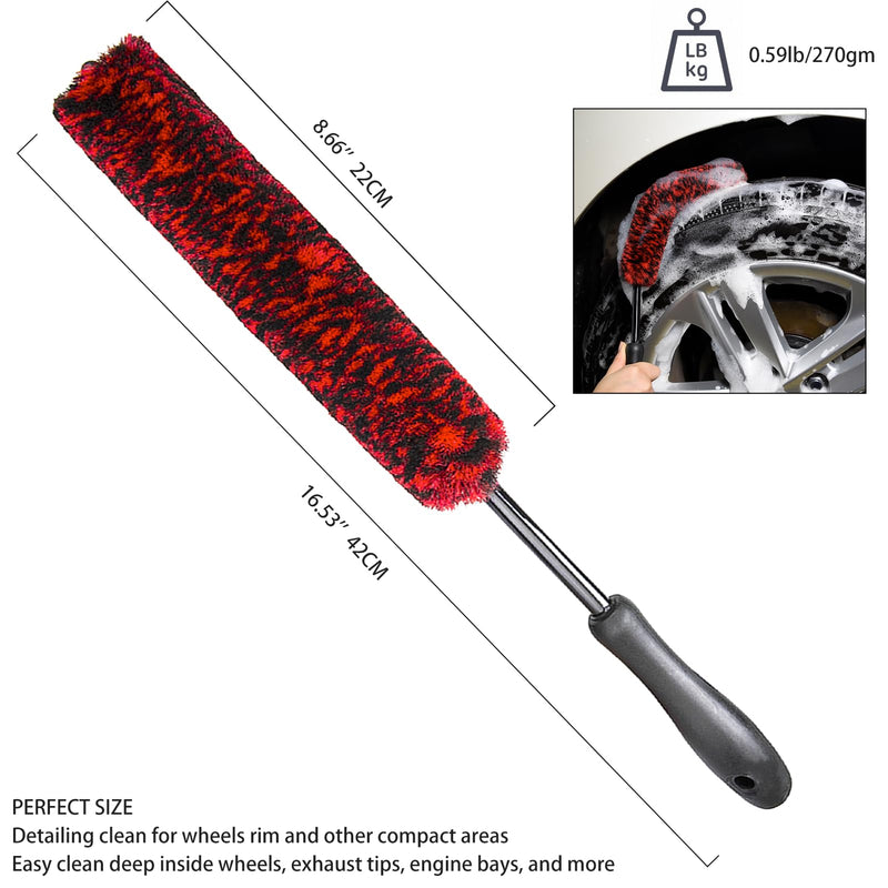 Metal Free Soft Wheel Cleaner Brush, Synthetic Wool Car Cleaning Brush, Highly Water Absorption, Dense and Durable Tire Brush for Cleaning Wheels, Rims, Spokes, Fenders, Engines… black+red