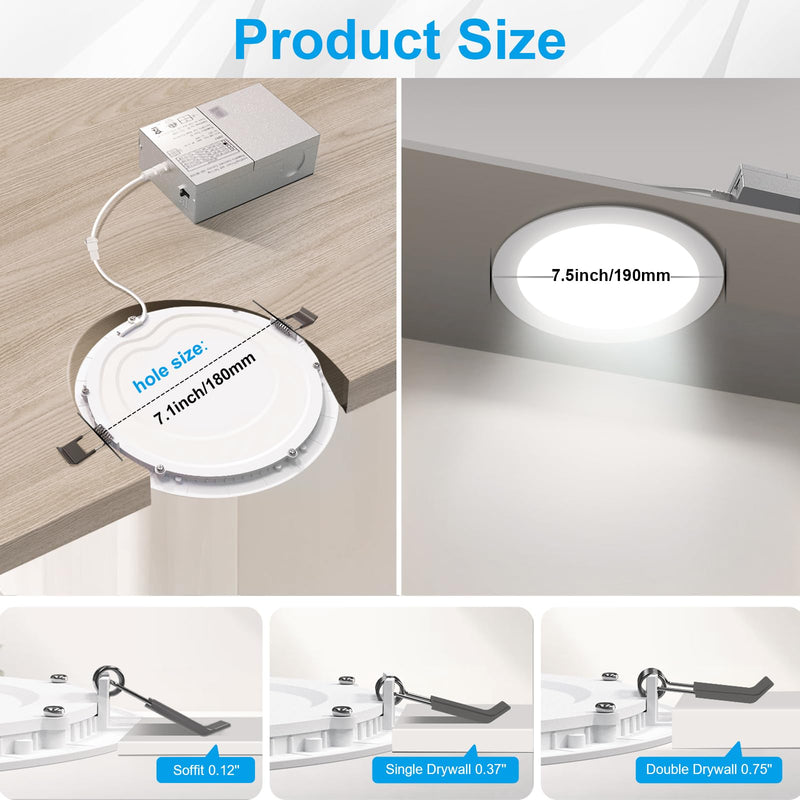 Elaruslux 2 Pack 7 Inch 3CCT Ultra-Thin LED Recessed Light with Junction Box, 3000K/4500K/6000K Selectable, 18W Eqv 125W, Dimmable Canless Downlight, 1600LM High Brightness 2-Pack