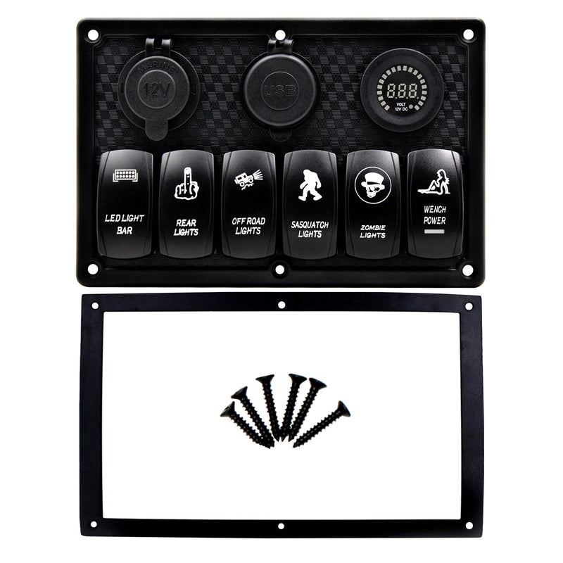 FXC Waterproof Marine Boat Rocker Switch Panel 6 Gang with 4.2A Dual USB Slot Socket + Cigarette Lighter + Voltage Monitor Alarm LED Light for Car Rv Vehicles Truck