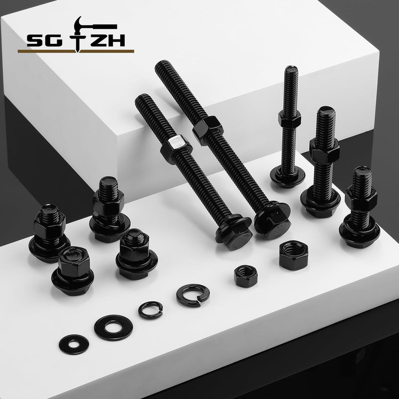 5/16-18 x 3-1/2" Hex Head Screw Bolt, Nuts, Flat & Lock Washers, 20Pcs 18-8 (304) Stainless Steel, Fully Threaded, Black Oxide by SG TZH 20 5/16-18 x 3-1/2"