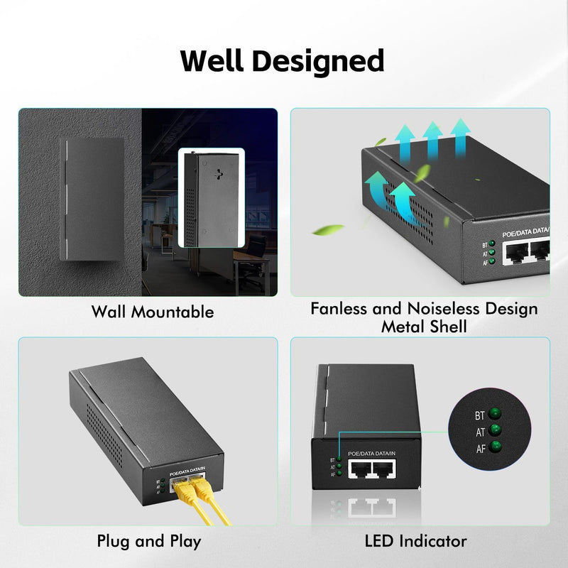 YuLinca 10G PoE Injector, 65W 802.3af/at/bt Power Over Ethernet Metal PoE Adapter, 10G/5G/1G Rate Auto-Adaptive, Non-PoE to PoE Adapter, Plug & Play, Distance Up to 100 Meters (328 ft.)