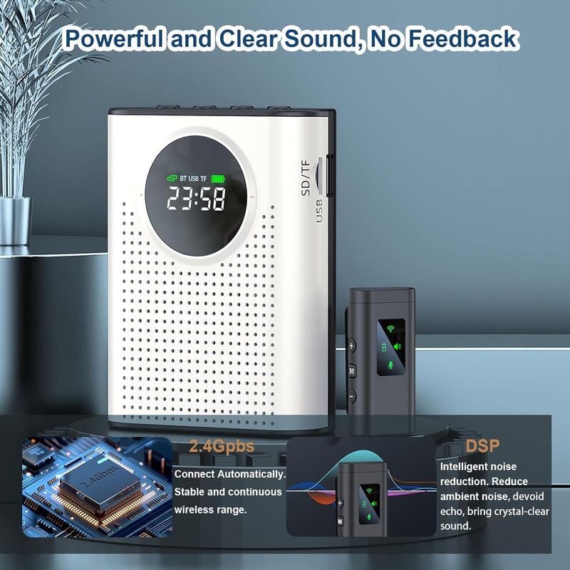 Newest Voice Amplifier Wireless Microphone, Classroom Microphone for Teachers, PA System with Wireless Microphone and Speakers for Yoga, Meetings, Speeches, and Tours, White
