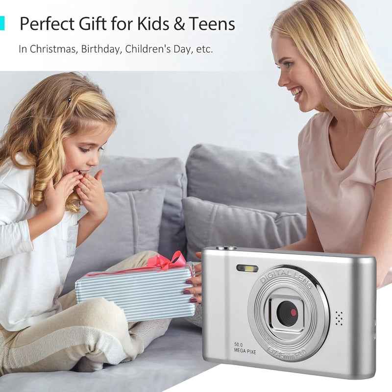 4K Digital Camera, FHD 1080P Kids Camera, 50MP Point and Shoot Camera with 16X Zoom Anti Shake, Compact Portable Small Camera for Girls Boys Teen Student with 32GB Micro SD Card, 1x Batteries Silver