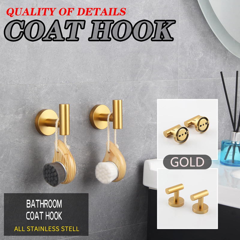 GERZWY Bathroom 3-Piece Accessories Hardware Set Gold Stainless Steel - 2X Coat Hook Toilet Paper Holder AG1401B-BE