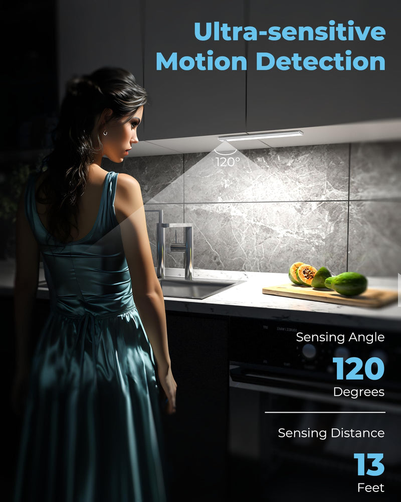 ASOKO Under Cabinet Lights Motion Sensor, 2800mAh Battery Operated Closet Light Rechargeable Under Counter Lights for Kitchen Under Cabinet Lighting Wireless (White,3 Pack-13.8inch) Silver-White Light 3 Packs-13.8inch