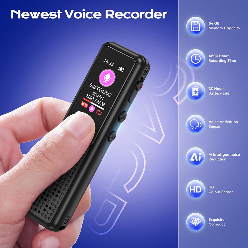64GB Voice Recorder - Upgraded Digital Voice Activated Recorder with AI Noise Reduction Technology, Dictaphone Tape Recorder Device with Playback for Lectures Meetings/Classes/Interview 64GB