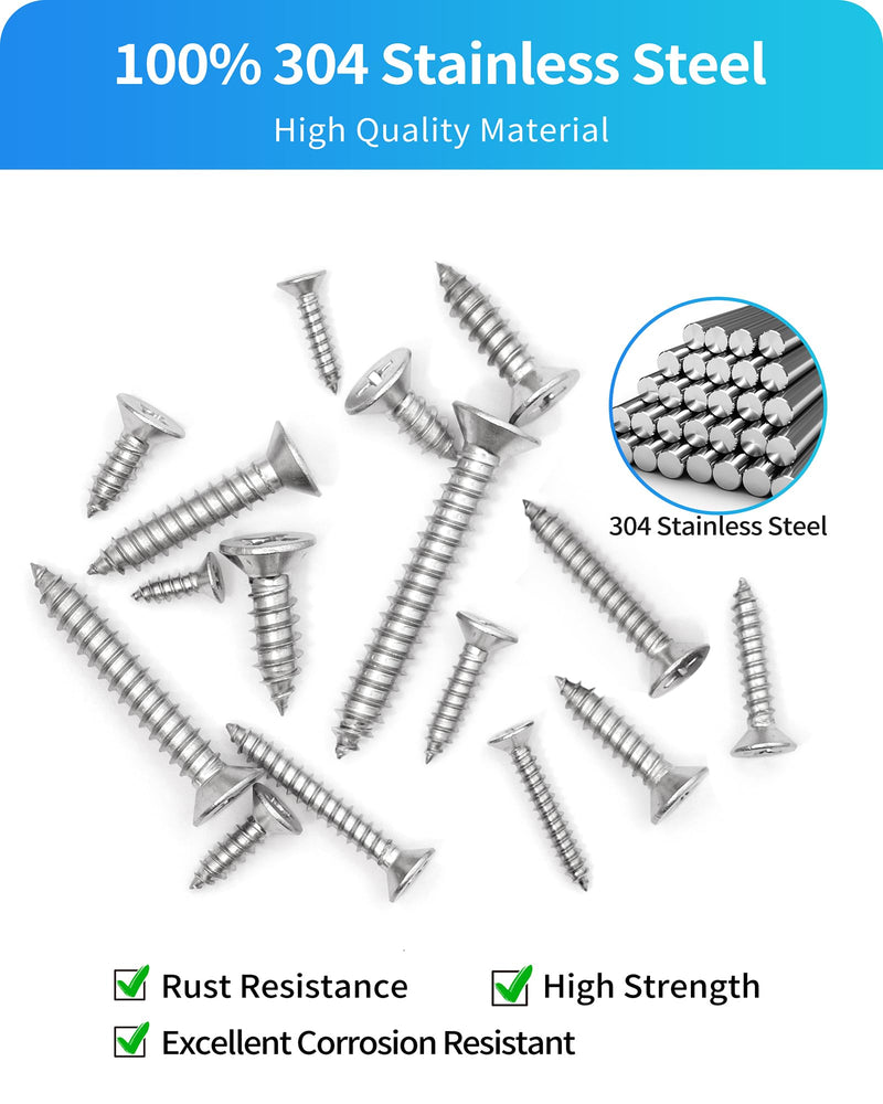 500Pcs 304 Stainless Steel Wood Screws Assortment Kit,#4#6#8#10#12 Assorted Screws,Phillips Drive Flat Head Sheet Metal Screw Self Tapping Screws Set, Length 3/8" to 2" (Silver-Flat Head 500PCS) Silver-Flat Head 500PCS