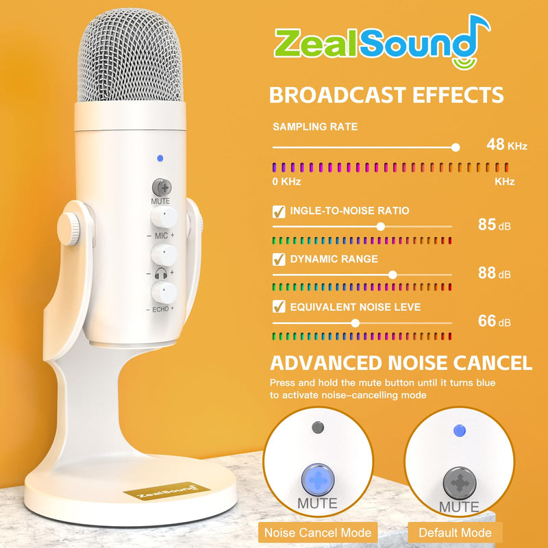 ZealSound USB Microphone,Quick Mute Noise Cancel for Phone Computer PC PS5,Gaming Microphone with Gain Control,Echo Monitor Volume Adjust for Streaming Vocal Recording ASMR Podcast Video K66 White