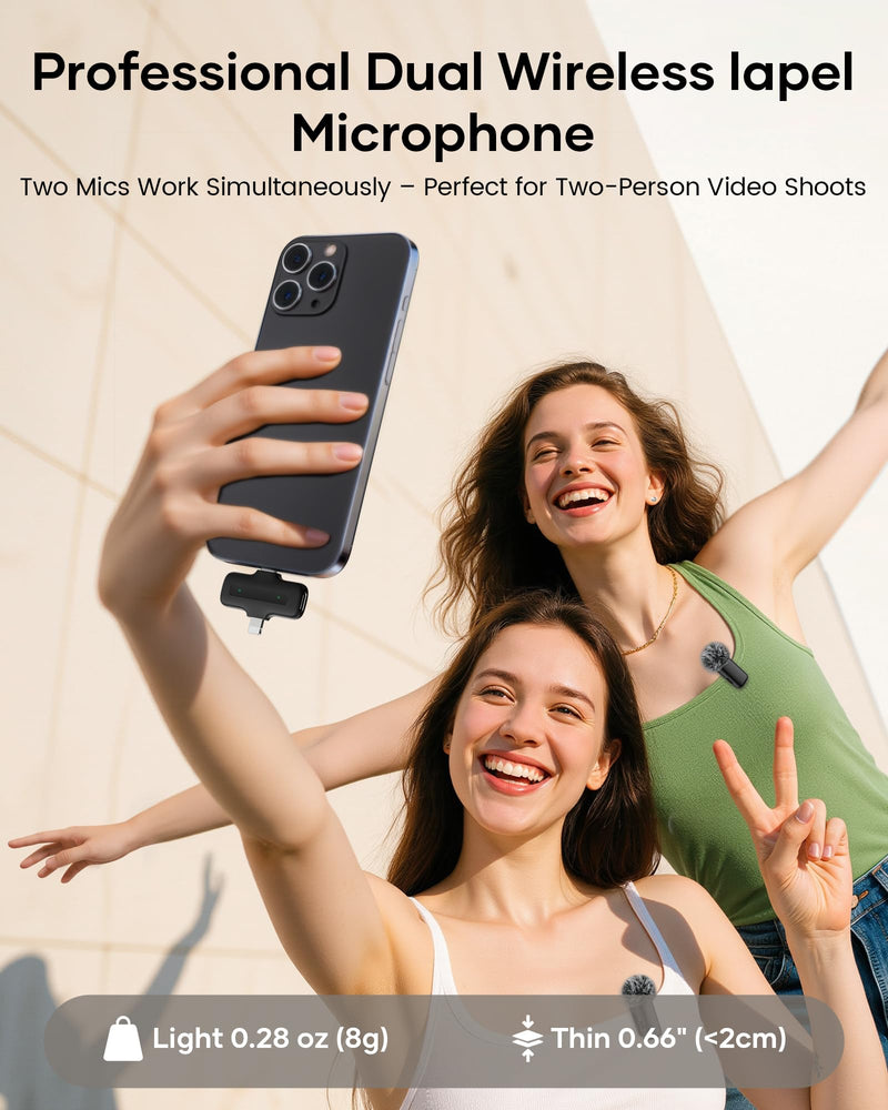 Wireless Lavalier Microphone for iPhone iPad Android with Charging Case,Lapel Mic with Noise Reduction,36H Battery Life, 135ft Range, Mini Microphone for Video Recording,YouTube,Vlog,Live Streaming Mic 2 (2 TX + 1 RX + Case + Wind Covers)
