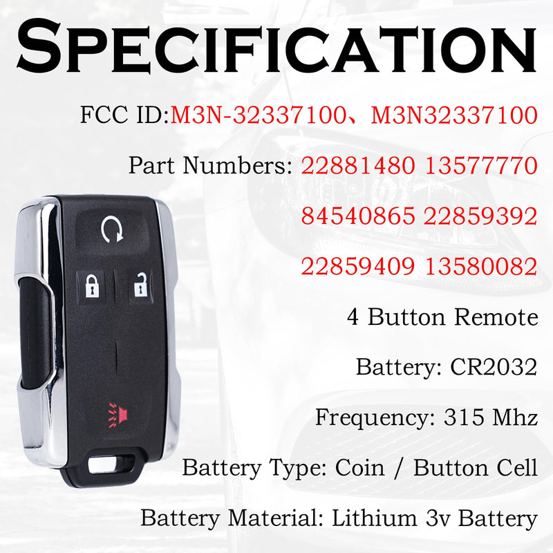 Key Fob Remote Replacement Fits for Chevy Silverado GMC Sierra 1500 2500 3500 2014 2015 2016 2017 2018 2019 2020 GMC Canyon Chevrolet Colorado 2015-2021 Keyless Entry Remote Start M3N-32337100