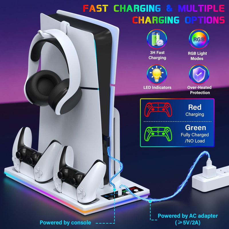 PS5/PS5 Slim Stand and Cooling Station with Controller Charging Station for Playstation 5 Slim&Standard Disc/Digital Console, 10 RGB Light PS5 Cooler Accessories Incl 3 Levels Cooling Fan/USB Hub