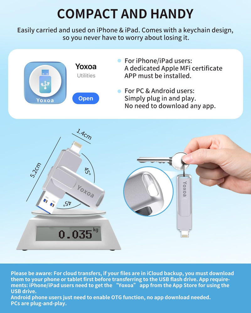 MFi Certified 512GB Flash Drive for iPhone & iPad, High-Speed Photo Stick for External Memory Storage, Backup & Transfer Files, USB Stick for iPhone/iPad/iOS/Android/PC (Available Space: ~484GB)Silver Silver