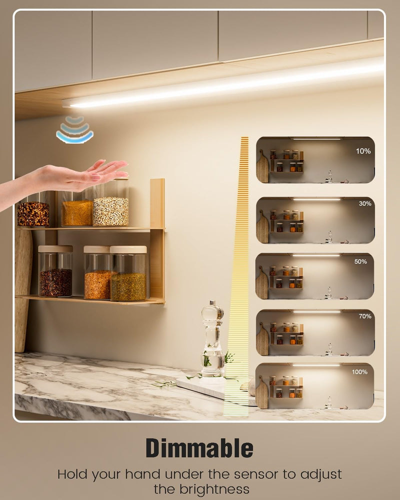 MYPLUS 36 Inch Under Cabinet Lights with Hand Wave, Under Counter Lighting 4000K Natural White,Dimmable,Plug and Play,LED Lights for Kitchen Cabinet, Cupboard, Closet, Desk 4000K-Natural White 36inch-1Pack