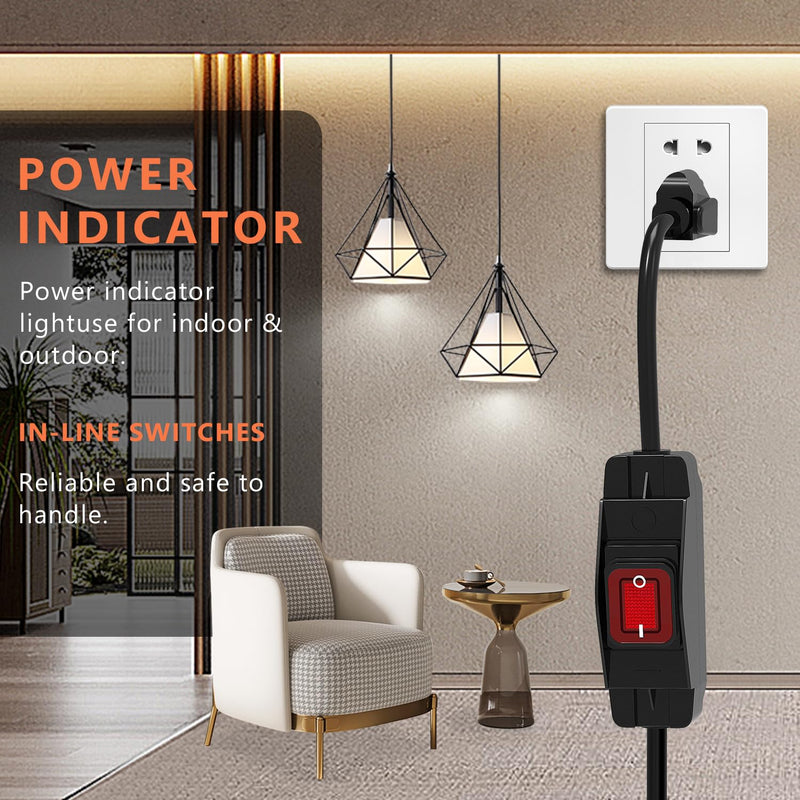 Knoweasy 2 Ft Outdoor Extension Cord with Switch On/Off: 14AWG 3 Prong Waterproof Cord, 15A 125V, Lighted Inline Power Switch for Electrical Equipment - Switched Extension Cord