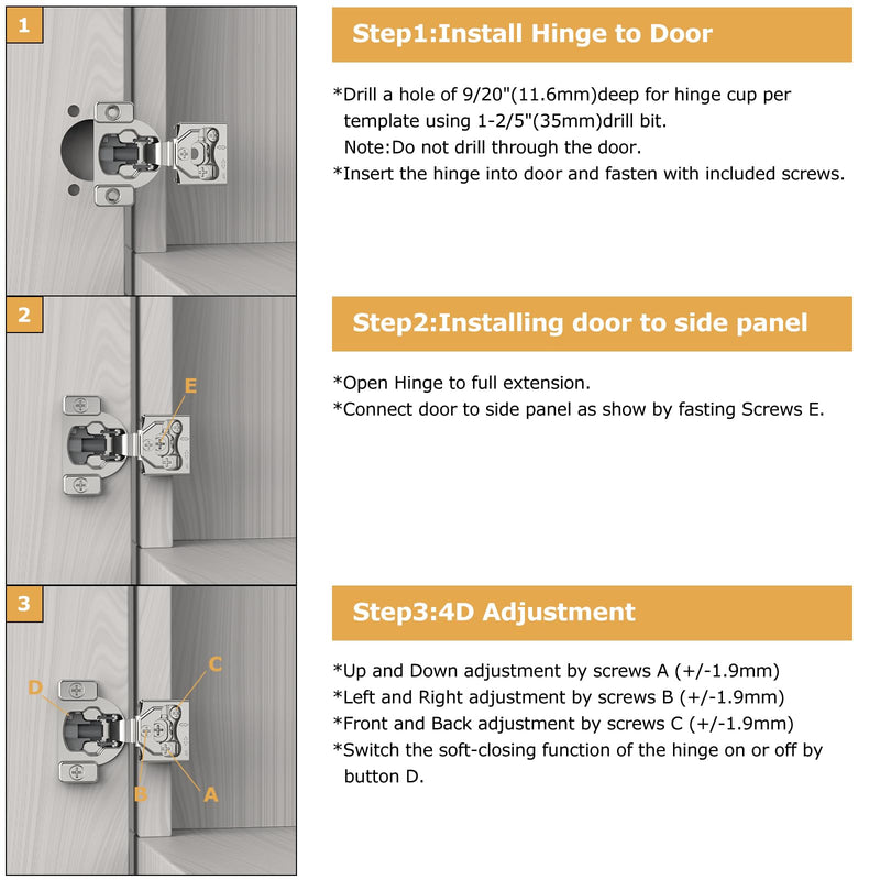Furniware 10 Pieces 3/4" Overlay Concealed Face Frame Hinges, 105° Open Angle 4 Level Soft Close Screw On Compact Cabinet Hinge,for Face Frame Door, Soft Close On/Off Switch, Self Closing 3/4 Inch