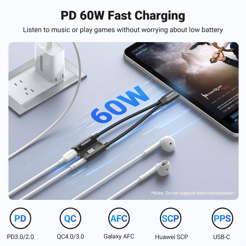 UGREEN Magnetic USB C to 3.5mm Audio Adapter and Charger 2 in 1 Hi-Res 32bit/384kHz Aux to USB C with PD 60W Fast Charging Dongle Cable for iPhone 15 Pro Max, Galaxy S24 Ultra, Pixel 8, iPad Pro/Air