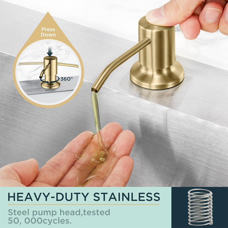 FORIOUS Brushed Gold Soap Dispenser for Kitchen Sink with 500ML/18OZ Bottle, Lotion Dispenser Built in Refill from The Top for Countertop Sink
