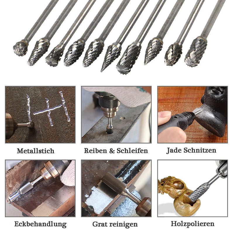 Mesee 10 Piece Rotary Burr Set, Tungsten Steel Burr, Rasp Set, Carbide Burr, Woodworking Grinding Head, Rotary Tool Tungsten Steel Grinder for Carving, Engraving, Drilling, 100 mm
