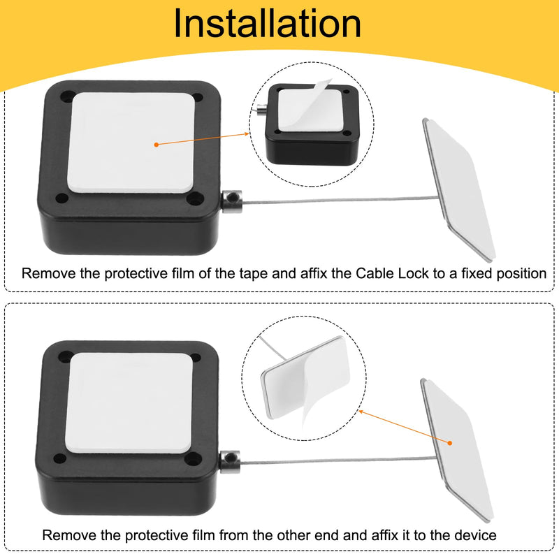 MECCANIXITY 4.9 ft Retractable Cable Lock with Adhesive Square Patch Remote Control Security Lock with Adjustable Cord Tether Anti Theft for Laptop, TV, 600g, Black, 4 Pack 4.9ft