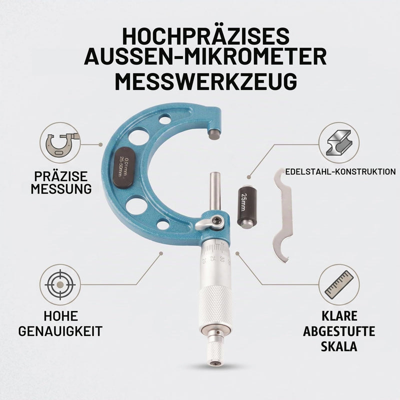 Outside Micrometer, Outside Micrometer, Micrometer Screw with Wrench and Plastic Box, Stainless Steel, 001 mm, Precision Vernier Scale, Outside Micrometer (25-50 mm)
