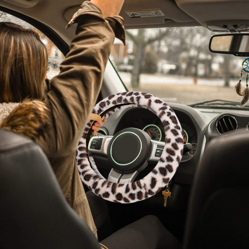 Fuzzy Steering Wheel Cover for Women Girls, Accmor Universal Fit 15 inch Fur Car Wheel Cover & Handbrake Cover & Gear Shift Cover Set, Fashion Leopard Winter Warm Fluffy Vehicle Wheel Protector Beige/Dark Brown Leopard short hair