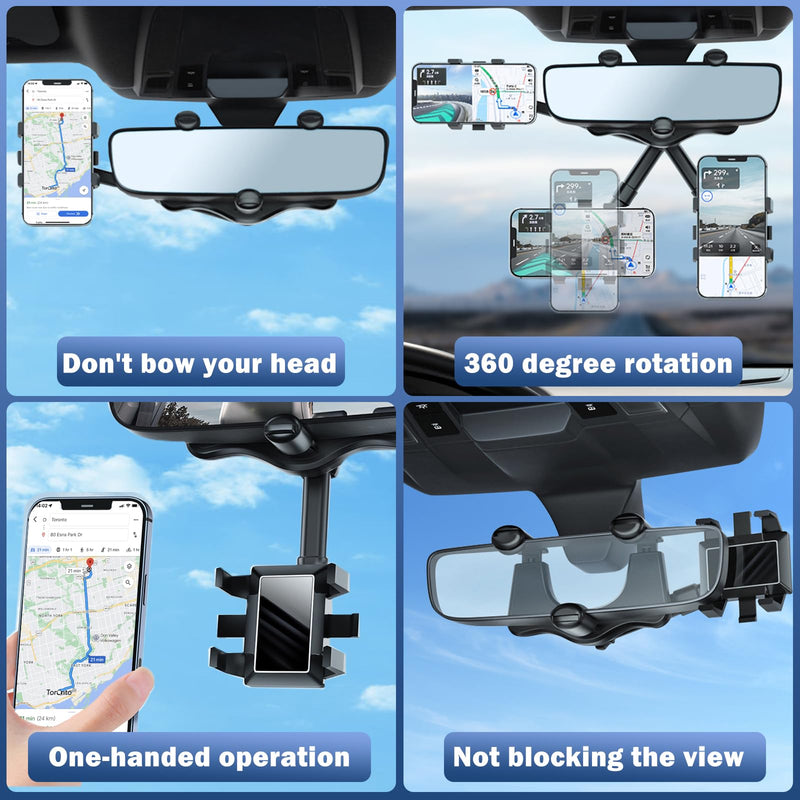Rearview Mirror Phone Holder For Car, 2024 New Upgraded 360°Rotatable And Retractable Multifunctional Rear View Mirror Phone Holder, Universal Mount, Car Phone Holder Fit For All Phone and Car, blue black