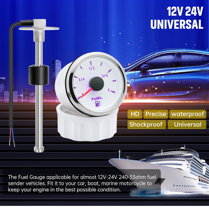 ARTILAURA Fuel Sending Unit and Gauge Kit, 240-33ohms 6" (150mm) Boat Marine Fuel Tank Sender Stainless Steel Gas Sensor for Car Truck Vehicle (White) 6"sensor+gauge White