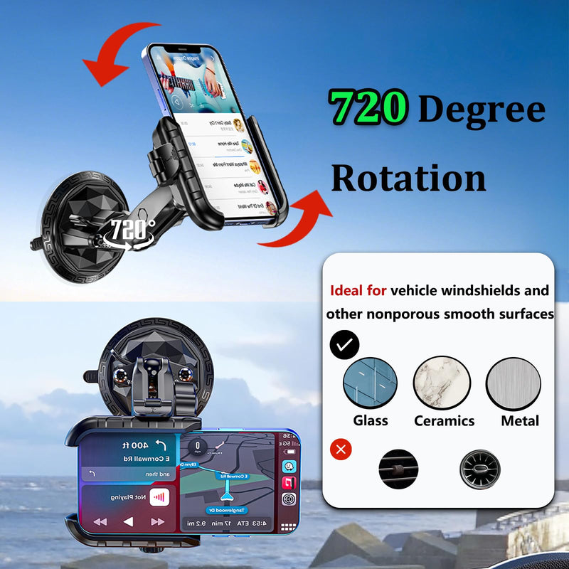 Car Phone Holder Mount with Vibration Dampener & Twist-Lock Suction Cup Base, [Camera Friendly] [1s Lock & Release] with Metal Medium Arm for Vehicle Windshields, Fit 5.4''-7.2'' Smartphones