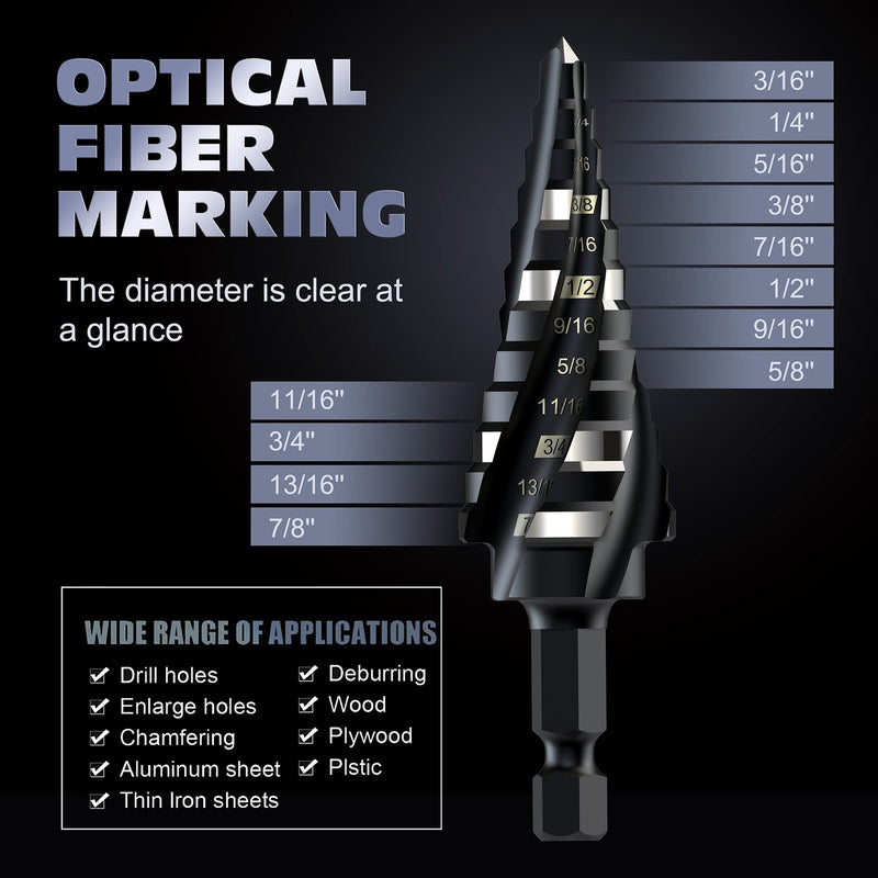 M35 Cobalt Step Drill Bit Set, Four Spiral Flute Cobalt Step Drill Bit, 3/16”-7/8" Impact Unibit Bit,for for Stainless Steel, Wood,Stainless Steel, Wood 3/16”-7/8"