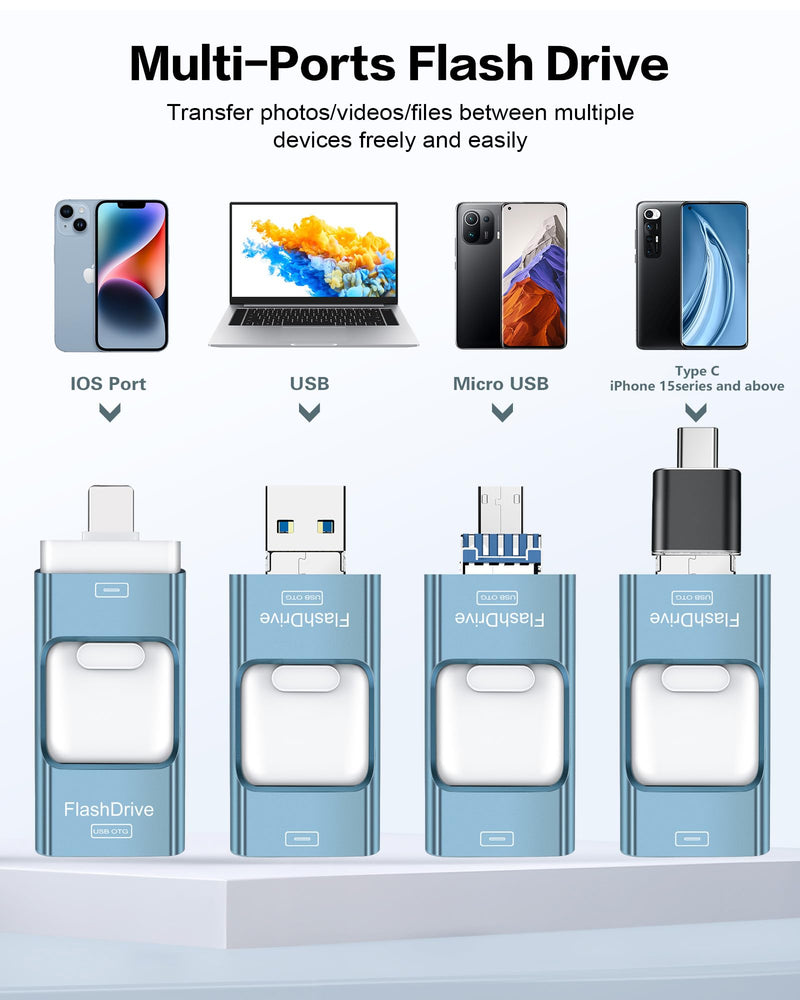 256GB Flash Drive for iPhone Photo Stick,Thumb Drive USB Stick High Speed Transfer USB Drives External Picture Video Storage Memory Expansion for iPhone/iPad/PC (Blue) 256GB A-Sky Blue