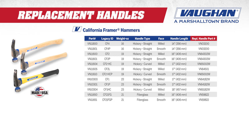 VAUGHAN CF4 California Framer Hammer, 16 oz Milled, Nail Starter, Assembled in USA, VN11800 Straight