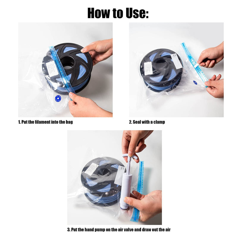 Pack of 20 Filament Dryer Vacuum Bags, Moisture Resistant Reusable Vacuum Bags for Clothes, PLA 3D Printer Parts + 1 Piece Air Pump Extractor Kit